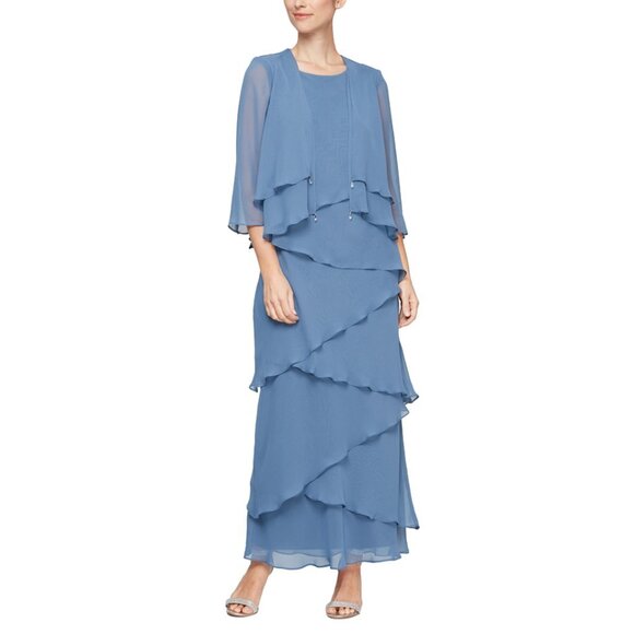 NWT Alex Evenings Wedgewood Blue Long Tiered Ruffle Dress With Jacket - Picture 6 of 6
